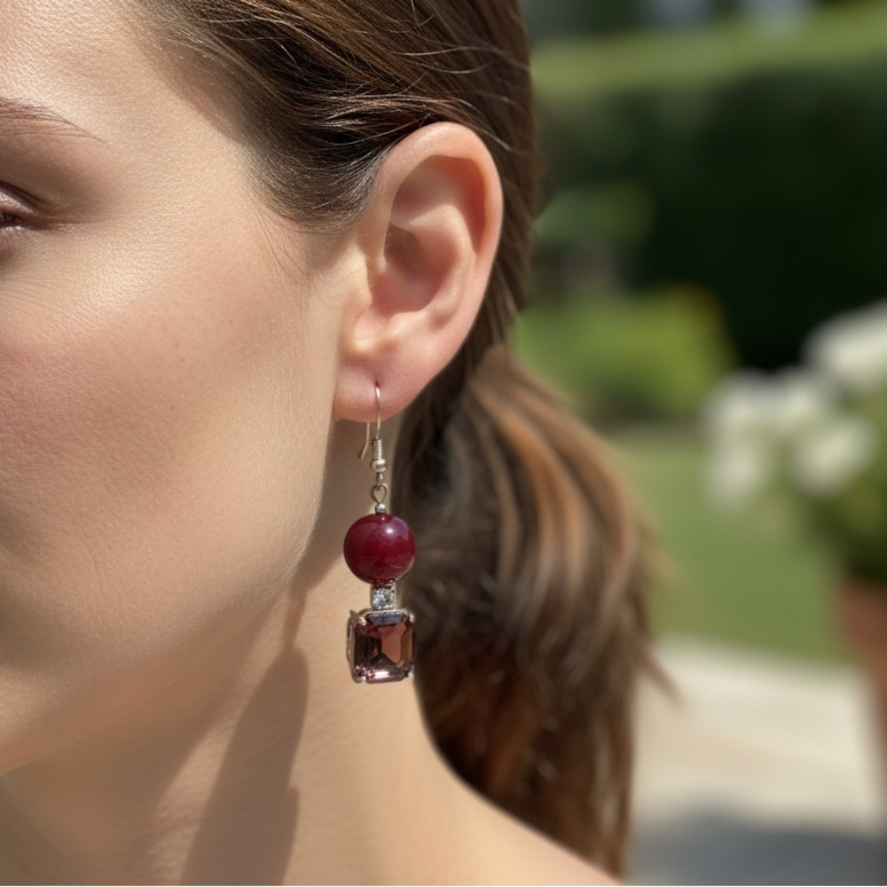 NWT STERLING SILVER 925 GARNET PURPLE  Drop Earrings 1inch
